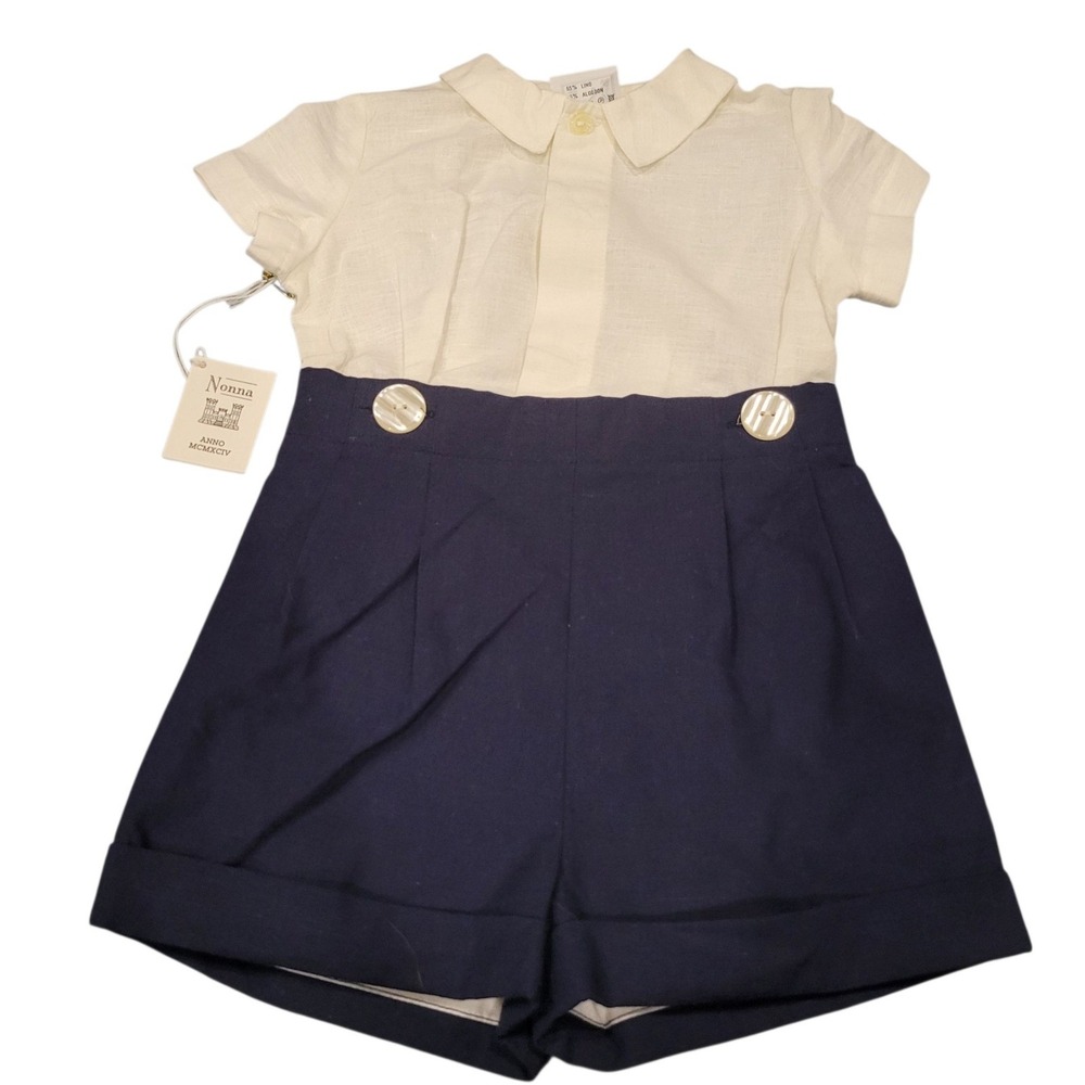 VTG Nonna Busatex Kids 12mo White Linen Blend Top‎ Navy Blue Shorts Jumper C391